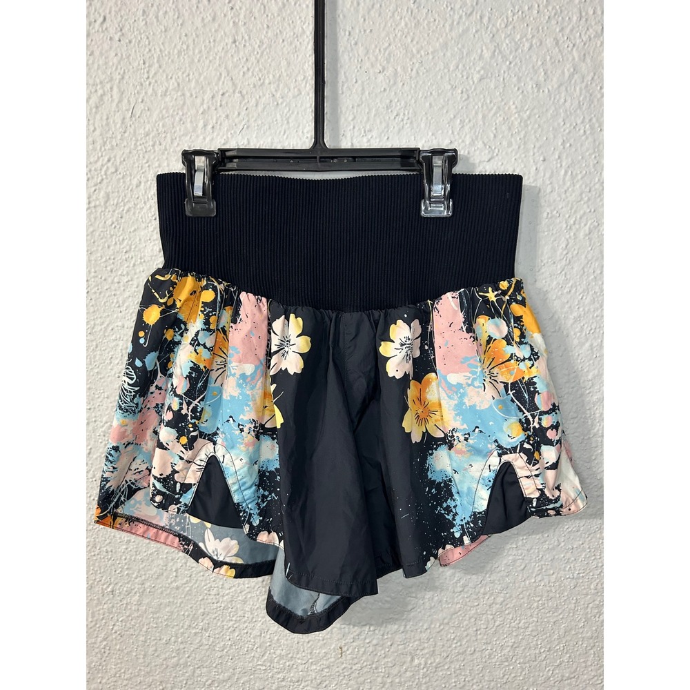 FP Movement The Way Home Shorts Floral High Rise Smocked Waist Athletic Black S